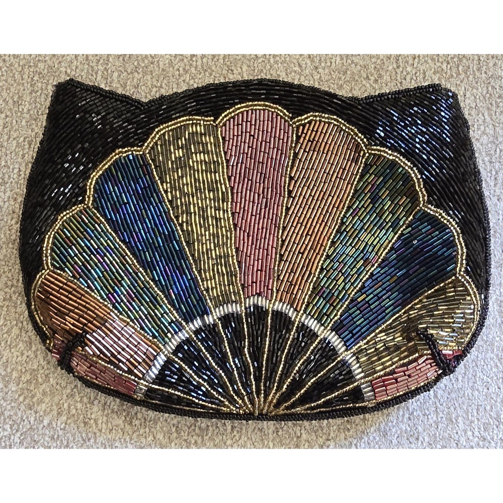 Black Beaded Clutch Purse with fan or shelled multi colored design.